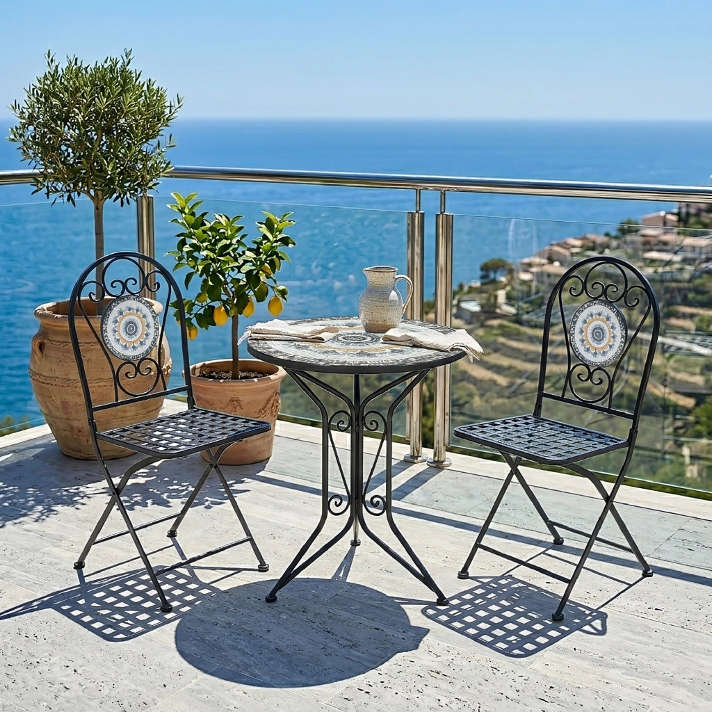 Set Bistrot Tavolino Con 2 Sedie Con Mosaico In Ceramica Per Esterno Terrazzo Giardino Pieghevoli Patio Casa,Bar,Ristoranti,Mobili Giardino Mod-Gela