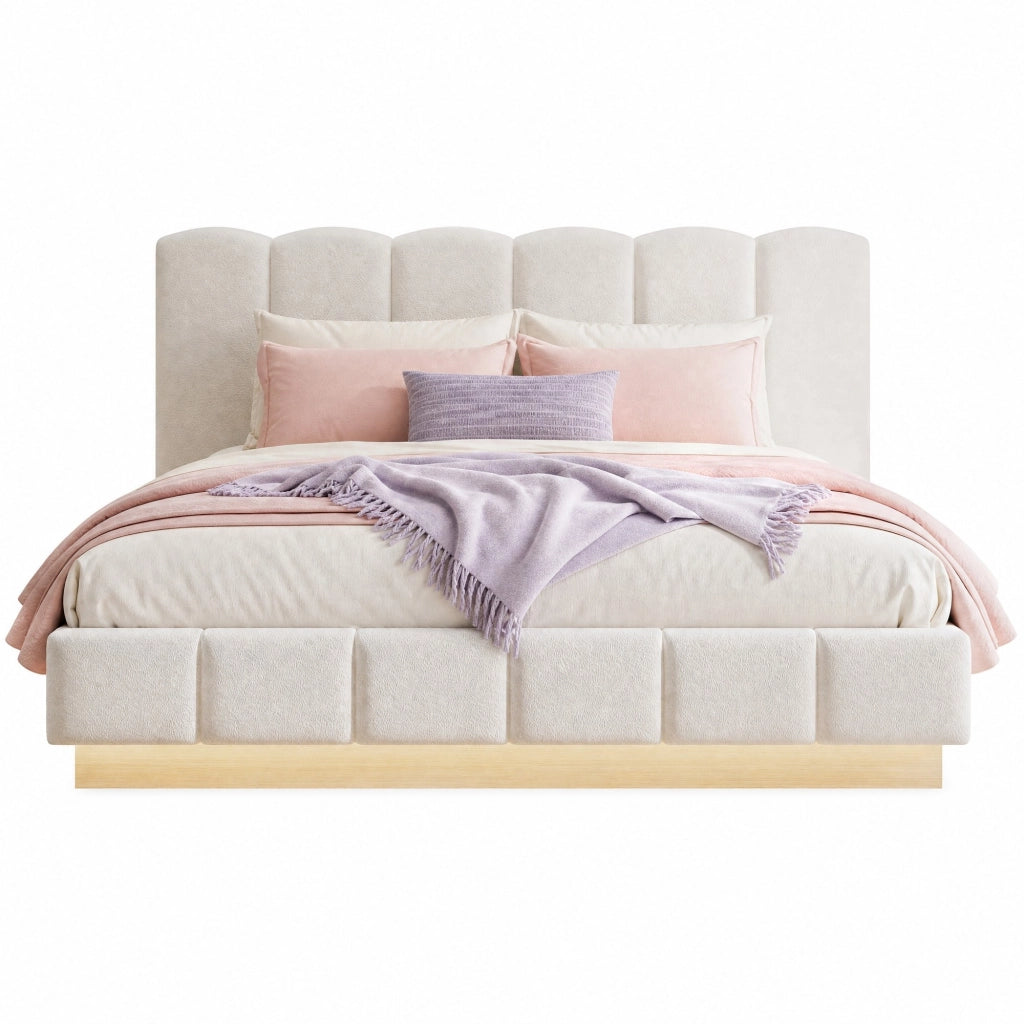 Letto matrimoniale 180x200 cm con contenitore idraulico, testiera imbottita, LED e rivestimento Bouclé bianco