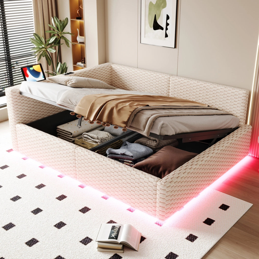 Letto Matrimoniale 140x200 cm; Contenitore; LED; USB e Tipo C; in Velluto; Beige