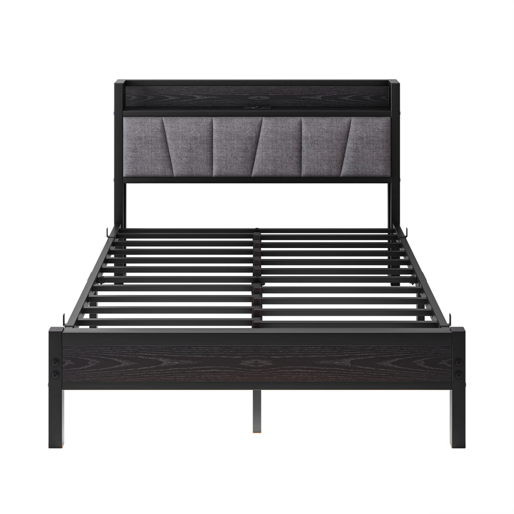 Letto matrimoniale 140x190 cm con LED; testiera con vano e ricarica USB; nero