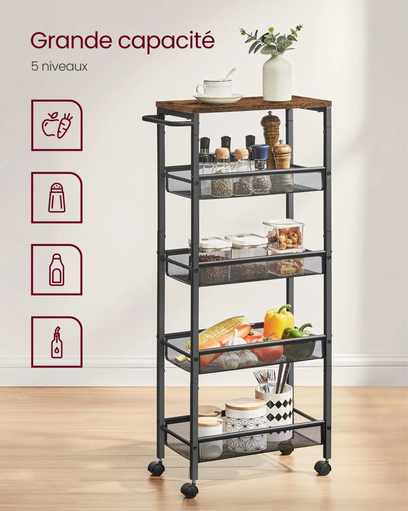 Carrello di servizio ripiano portaoggetti mobile design sottile ruote girevoli a 360° struttura in metallo per cucina soggiorno ufficio marrone 12_0005287