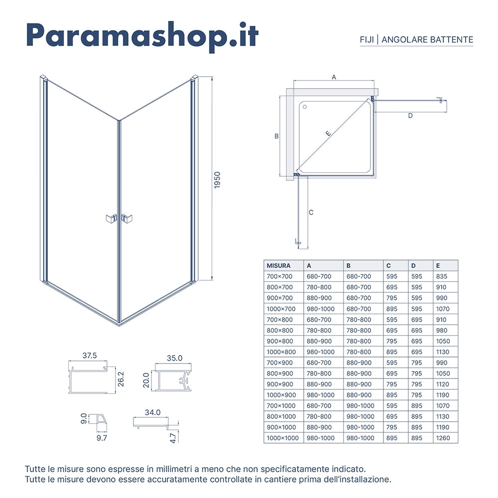 Box doccia angolare 80x80cm doppio battente profili cromati e vetro da 8mm trasparente h195 | Fiji