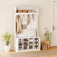 Attaccapanni con Scaffale, Panca, Ganci, Scomparti per le Scarpe, in Truciolato, 100x35x172,2 cm, Bianco