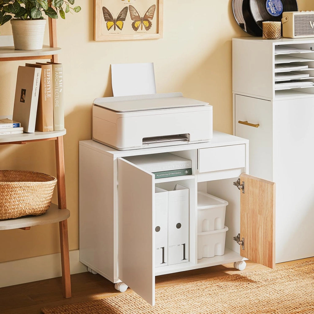 Carrello da ufficio Carrello Portaoggetti con Cassetto Tavolino stampante Bianco-Naturale 65x35x58cm ASK04-WN
