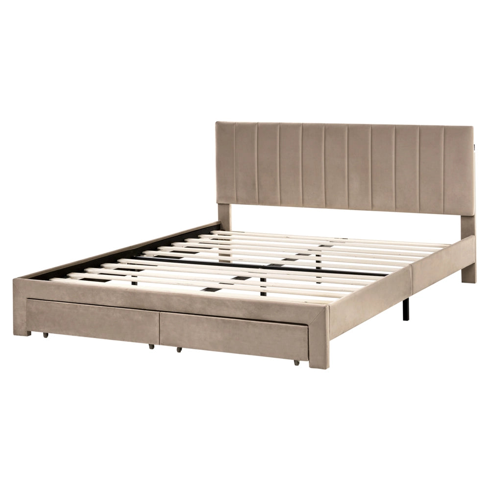 Letto matrimoniale 160 x 200 cm Bianco Sporco Rivestimento in velluto 4ft con cassetti Testiera Base a doghe Moderno
