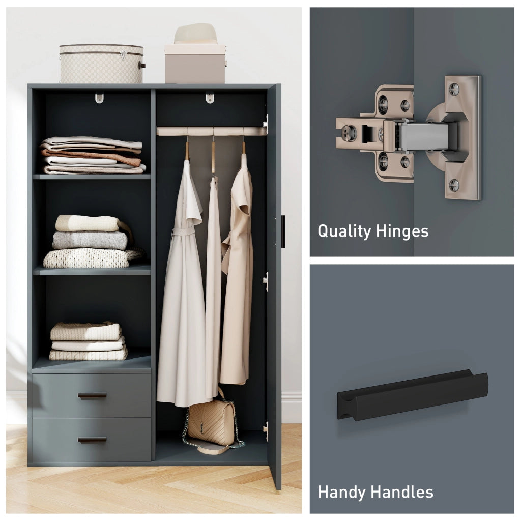 Armadio Moderno 80x50x124 cm Appendiabiti Cassetti e Mensole in Truciolare Grigio Scuro
