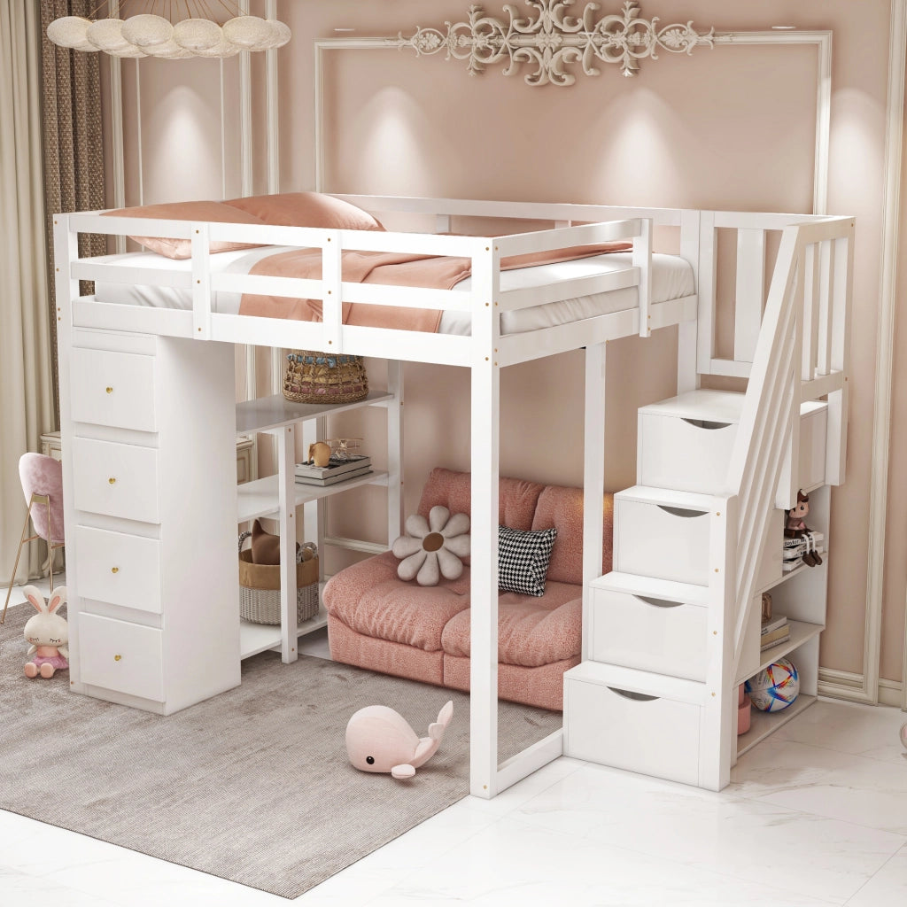 OKWISH Letto a Soppalco 140×200 cm, Letto Matrimoniale con 4 Cassetti, Scala Contenitore e Mensole, senza Materasso, in Legno, Bianco