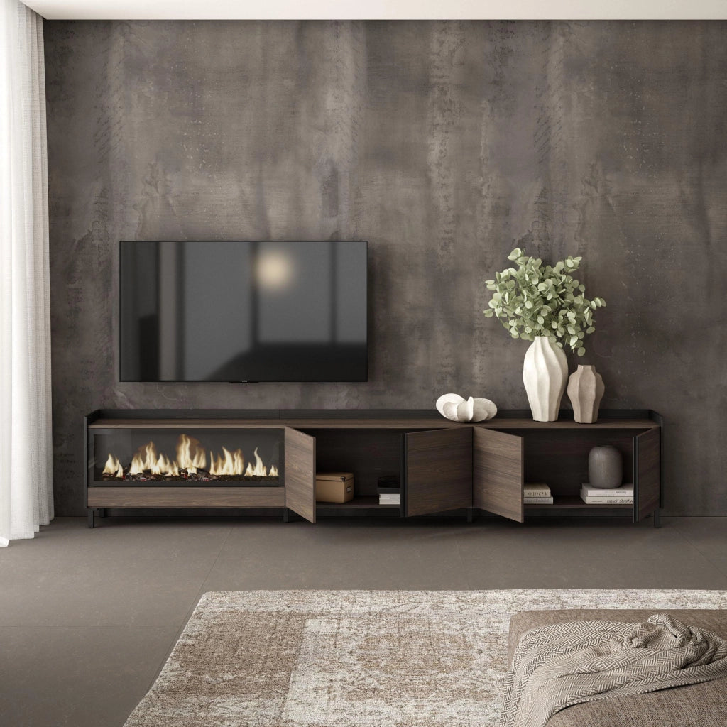 Mobile TV Soggiorno, 315x61x35 cm, Per TV fino a 80", Camino elettrico XXL, Design industriale, Rovere scuro e Nero