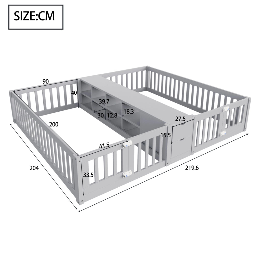 Letto multifunzione per bambini 90x200 cm con 2 posti, cassetti e libreria grigio