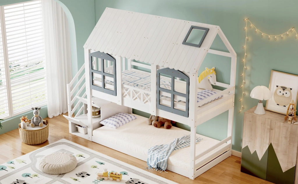 Letto a castello con 3 armadietti 90x200 - Xylo - Bianco+Grigio