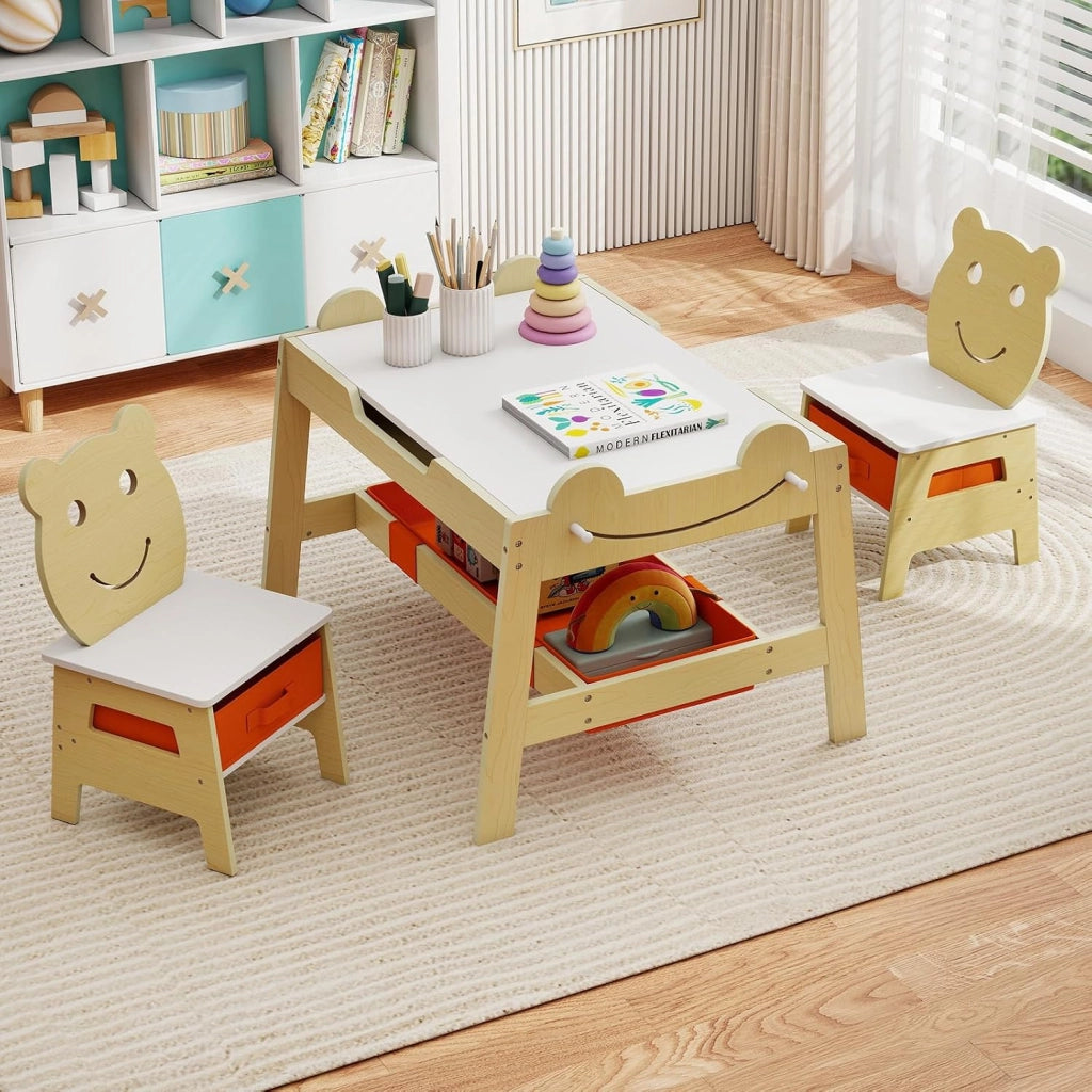 Set Tavolo e 2 Sedie per Bambini, 5 in 1 Tavolino e Sedie con 4 Ganci, 3 Scatole in Tessuto e Lavagna Reversibile per Bambini 3+ Anni per Cameretta Ragazzi (Naturale, Stile 5)