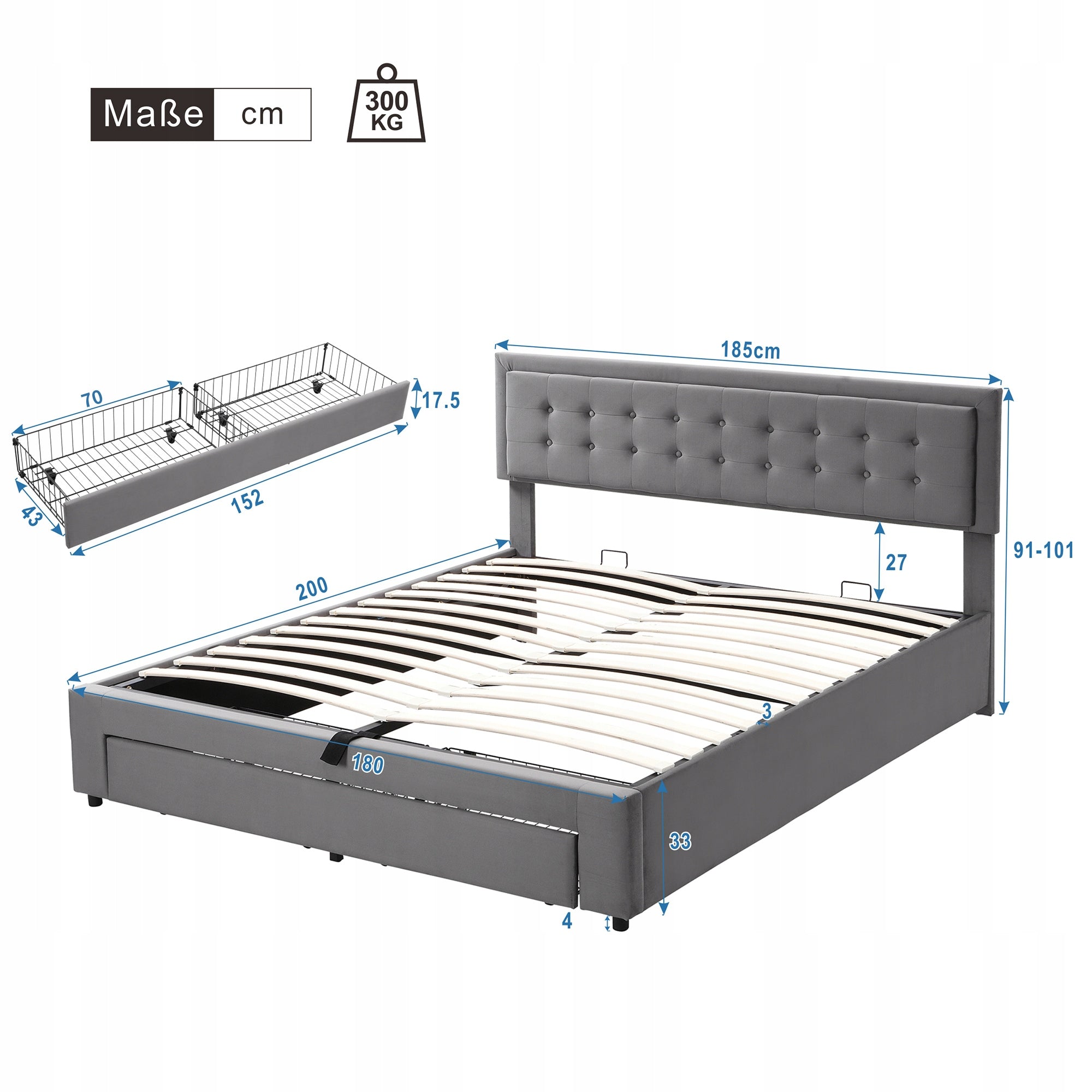 Letto imbottito 180x200 Grigio con cassetti - Xylo