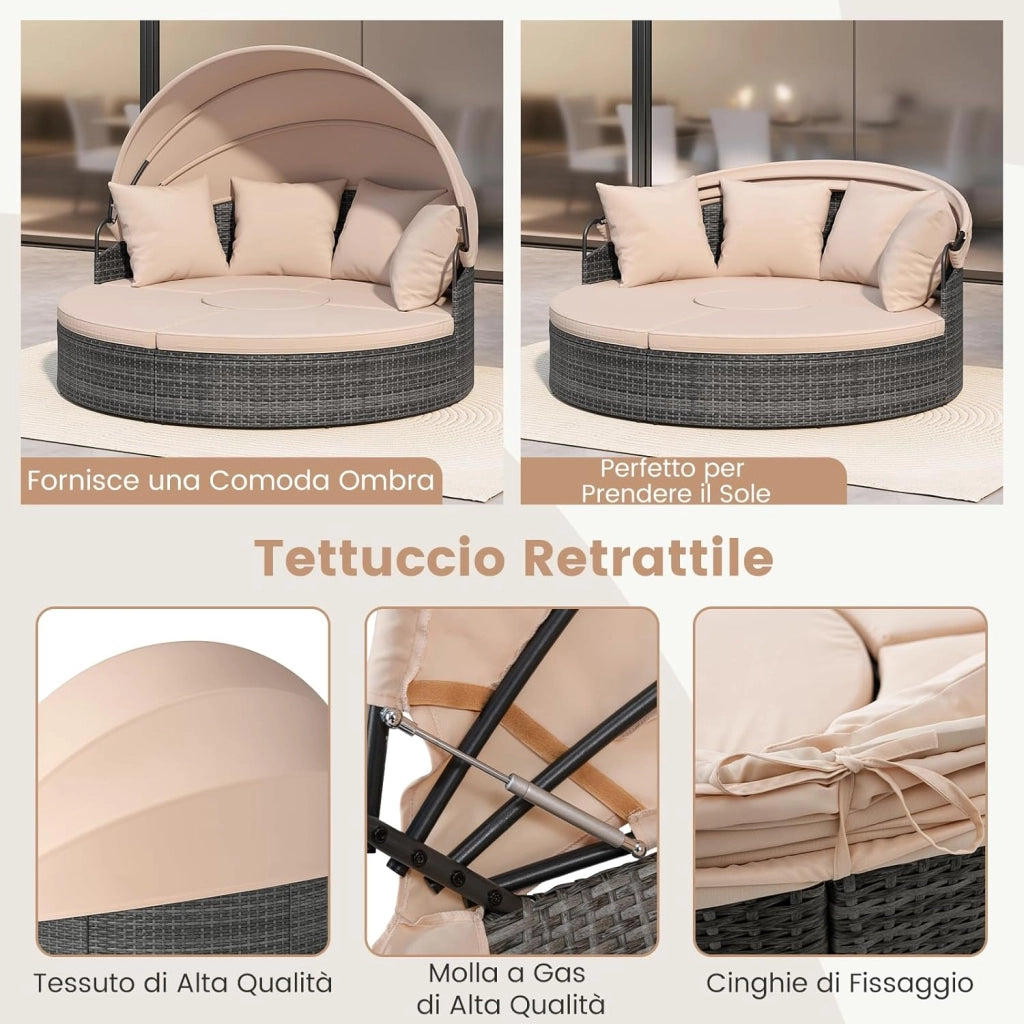 2 in 1 Isola Prendisole per 2 Persone da Giardino, Lettino Prendisole Rotondo in Rattan con Tettuccio Retrattile e Cuscini, Letto da Esterno per Relax e Festa, 172 x 180 x 141 cm (Beige)