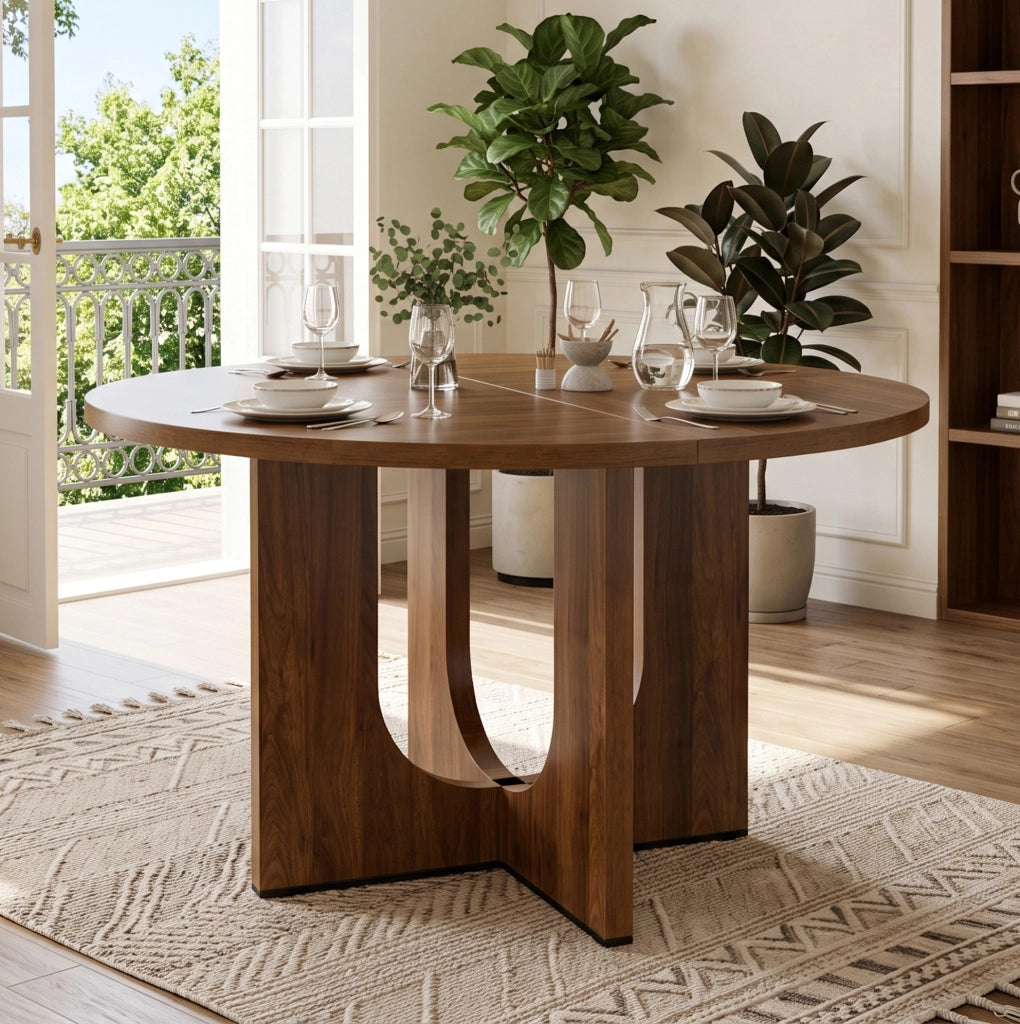 Tavolo rotondo 120 cm per 4-6 persone; montaggio semplice in MDF noce