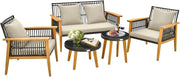 5 Pezzi Set da Conversazione da Giardino, Set di Sedie in Rattan con 2 Tavolini da Caffè, con Cuscini e Telaio Stabile in Legno di Acacia, per Giardino Cortile e Piscina