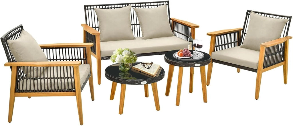 5 Pezzi Set da Conversazione da Giardino, Set di Sedie in Rattan con 2 Tavolini da Caffè, con Cuscini e Telaio Stabile in Legno di Acacia, per Giardino Cortile e Piscina