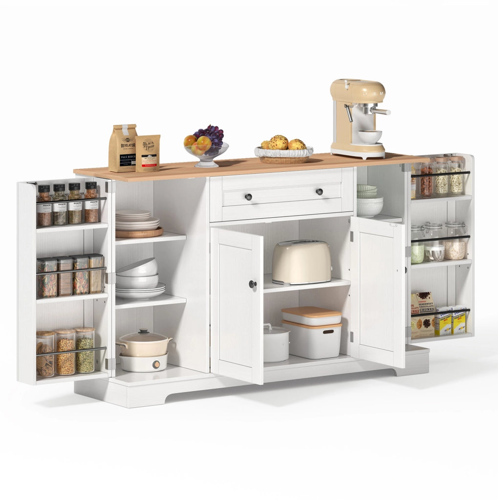 Buffet da cucina 138 cm con cassetto, ante e ripiani regolabili in MDF naturale e bianco