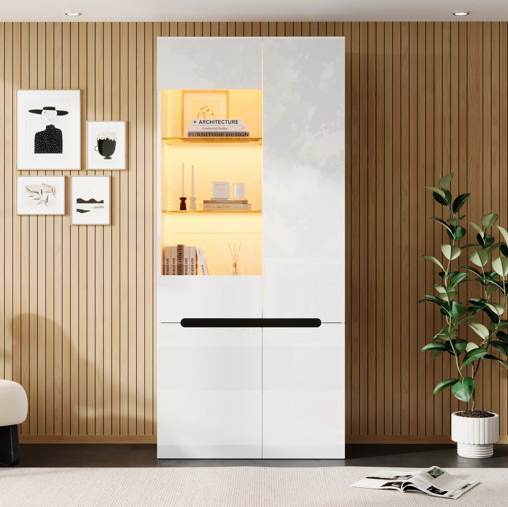 Vetrina verticale 80x35x180 cm con 4 ante; LED Bluetooth e ripiani in vetro regolabili; MDF bianco