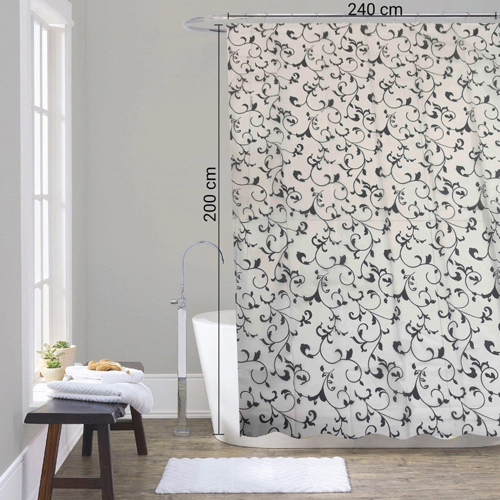 Trade Shop - Tenda Doccia Vasca Da Bagno 12 Ganci Motivo Floreale Bianco Nero 240x200cm 87568 -