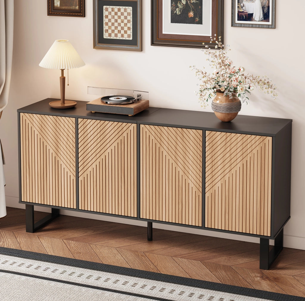 Credenza moderna 160 cm nera e effetto legno con ante 3D