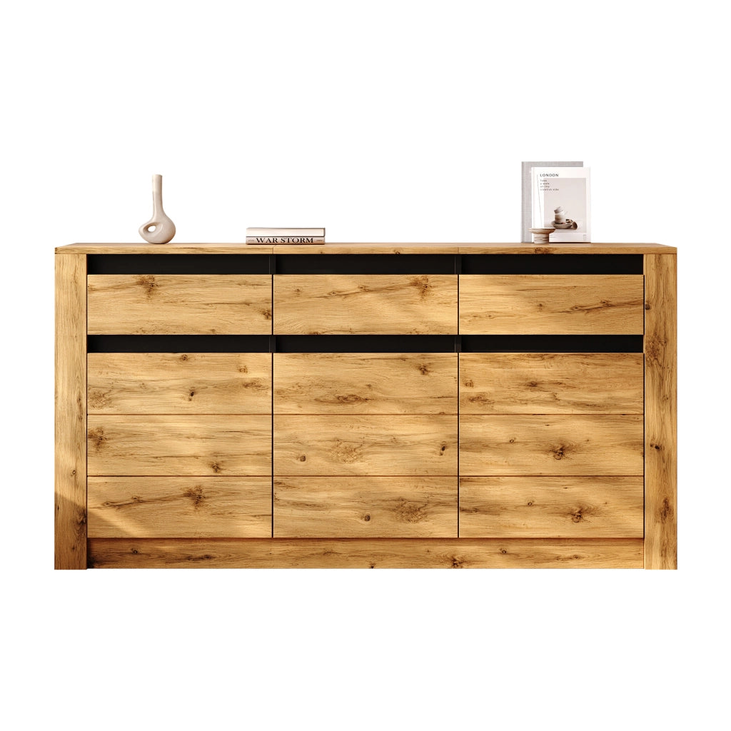 Credenza Sideboard 135¡Á35¡Á70 cm in truciolare, effetto venatura del legno naturale, con 3 cassetti e vani regolabili