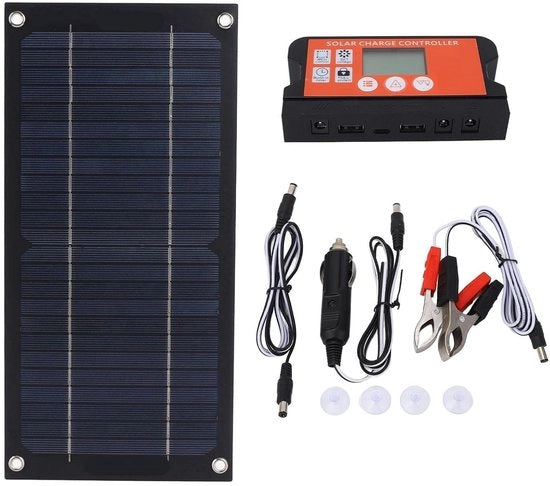 Kit di pannelli solari Monocristallino Silicio 12V 24V 100A Regolatore di carica - Cavo di estensione - Clip per batteria - Centrale di potenza portatile per sistema off-grid per RV e imbarcazioni.