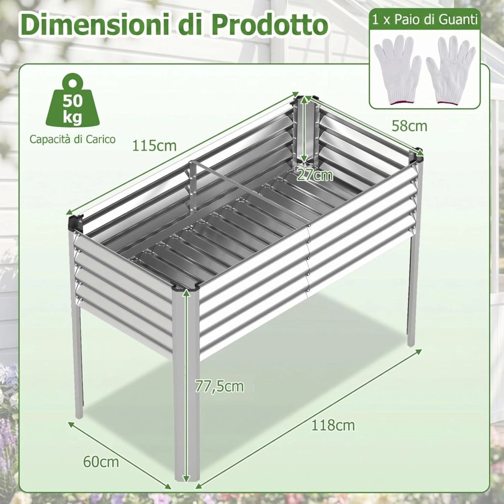 Fioriera Rialzata da Esterno, Orto Rialzato da Giardino in Metallo con Fori di Drenaggio, Altezza Ergonomica e Guanti, Letto Elevato da Giardino Rettangolare per Piante e Fiori, (Argento)