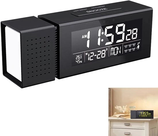 Alarme con LED 7 colori, radio FM, sensore di movimento infrarosso, display di temperatura e umidità, uscita USB e modalità 12/24 ore.