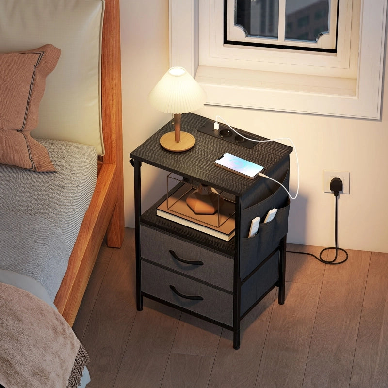 Comodino con 2 cassetti; vano aperto; tasca e ganci; prese integrate; per camera da letto; 40×30×60 cm; nero