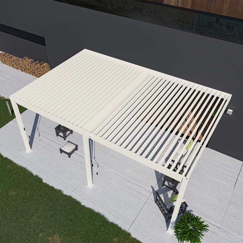 Pergola bioclimatica OmbrÃ©a adossata VS 4x6M Bianco + 2 tende