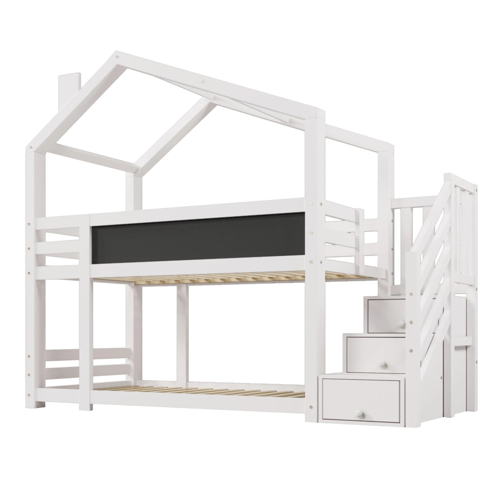 Letto a castello per bambini 90x200 cm in legno massello di pino e MDF; bianco; con lavagna e scala contenitore