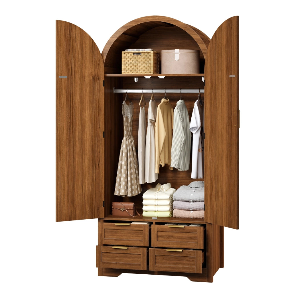 Armadio con ante curve in rattan e cassetto, asta appendiabiti, per camera da letto e ingresso, MDF, noce, 80 × 50 × 179 cm