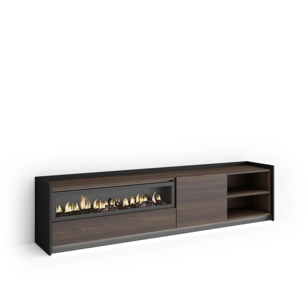 Mobile TV Soggiorno, 207x50x37 cm, Per TV fino a 80", Camino elettrico, LED, Rovere scuro e Nero