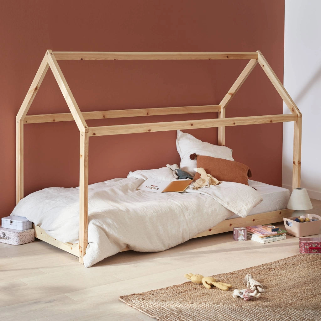 Letto a capanna per bambini in pino, compresa la rete a doghe, marrone