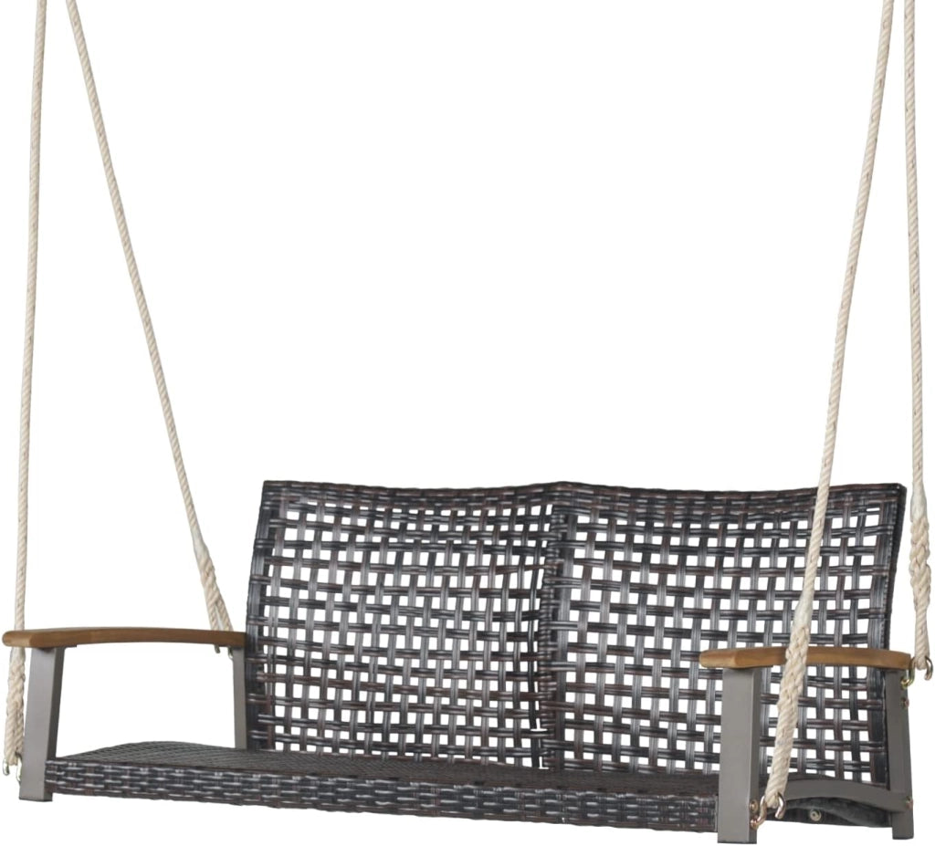 Altalena in vimini per 2 persone in rattan PE con schienale curvo per esterni, corde resistenti, capacità di carico di 360 kg, per terrazza, patio, giardino, balcone