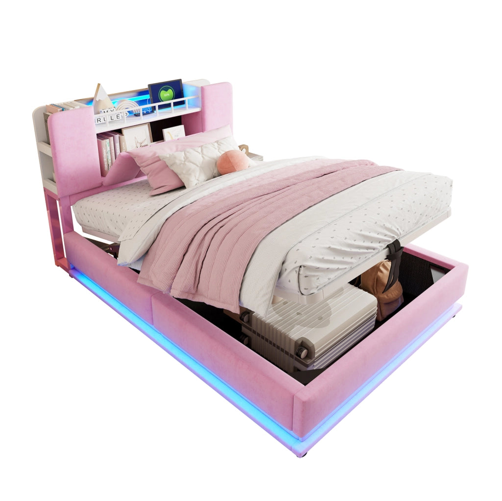 Letto imbottito per bambini 90 x 200 cm rosa con LED, USB e vano contenitore