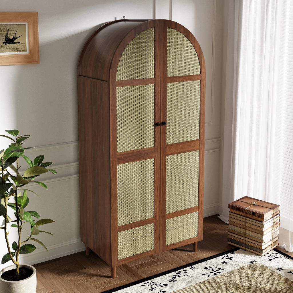 Armadio con ante curve e inserto in rattan, 1 asta appendiabiti, cassetti, per ingresso e camera, 80 × 50 × 179 cm