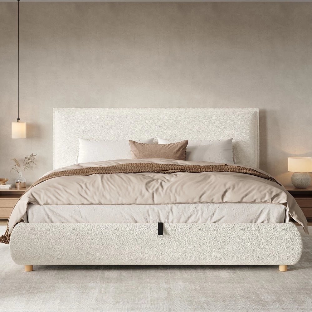 Letto Imbottito Matrimoniale Contenitore ¨C Xylo ¨C Bianco Boucl¨¦, Testiera, Doghe, Idraulico, 180x200
