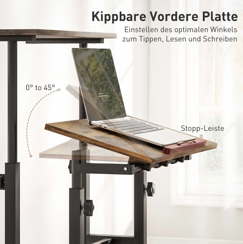 Scrivania sit-stand 60x60x70，5-120 cm in MDF marrone rustico con ripiano e ruote