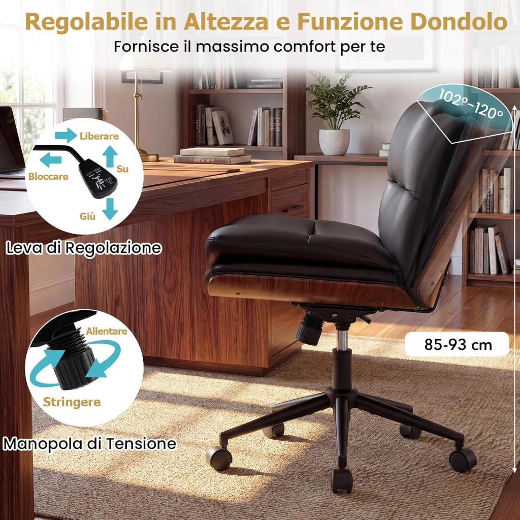 Sedia Ufficio Girevole con Ruote, Sedile Curvo, Schienale Reclinabile, Poltrona Scrivania con Altezza Regolabile, per Lavoro, Studio, Relax, Portata 110 kg (Nero)