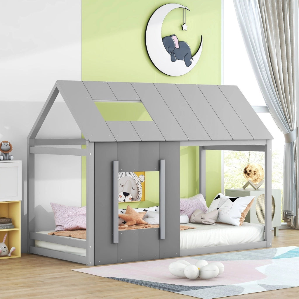 Letto a casetta 90 x 200 cm in pino e MDF, grigio