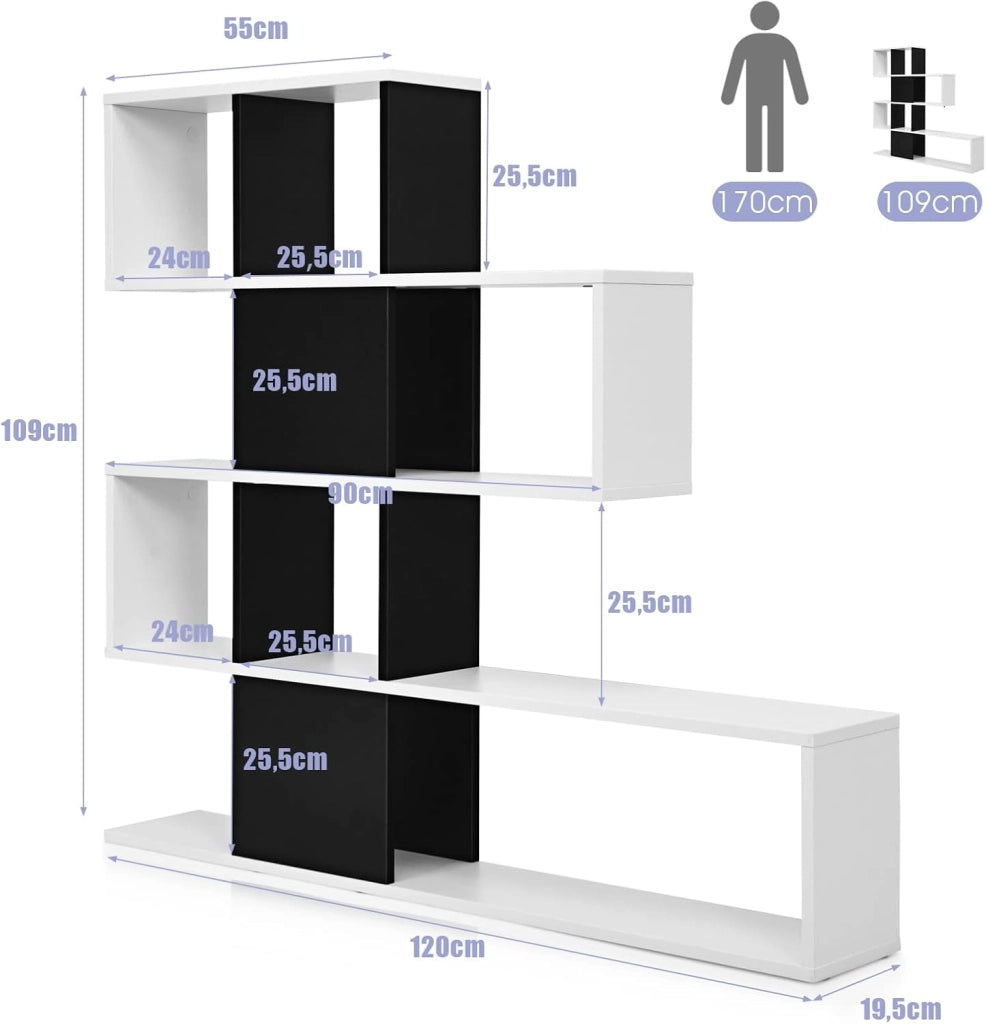 Libreria in Legno, 5 Livelli con Ante, Scaffale Multifunzionale a Forma di Scala, Ideale per Soggiorno Studio Ufficio, 120x19,5x109cm (Nero e Bianco)