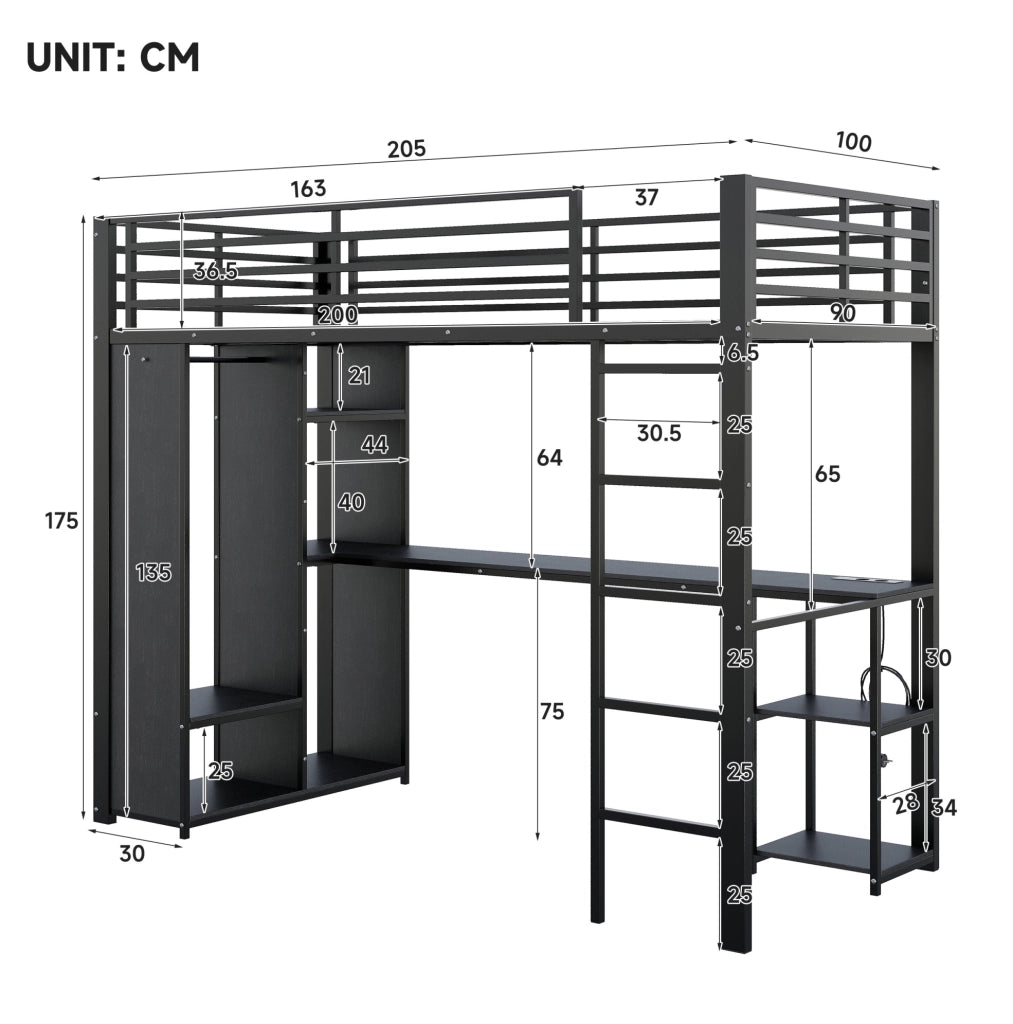 Letto a soppalco 90x200 cm con scrivania e LED nero