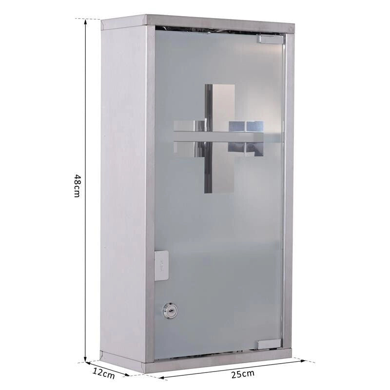 ARMADIETTO PORTA MEDICINALI IN VETRO IN ACCIAIO PORTA E 2 CHIAVI PRONTO SOCCORSO CASSETTA MEDICINE 48X25CM