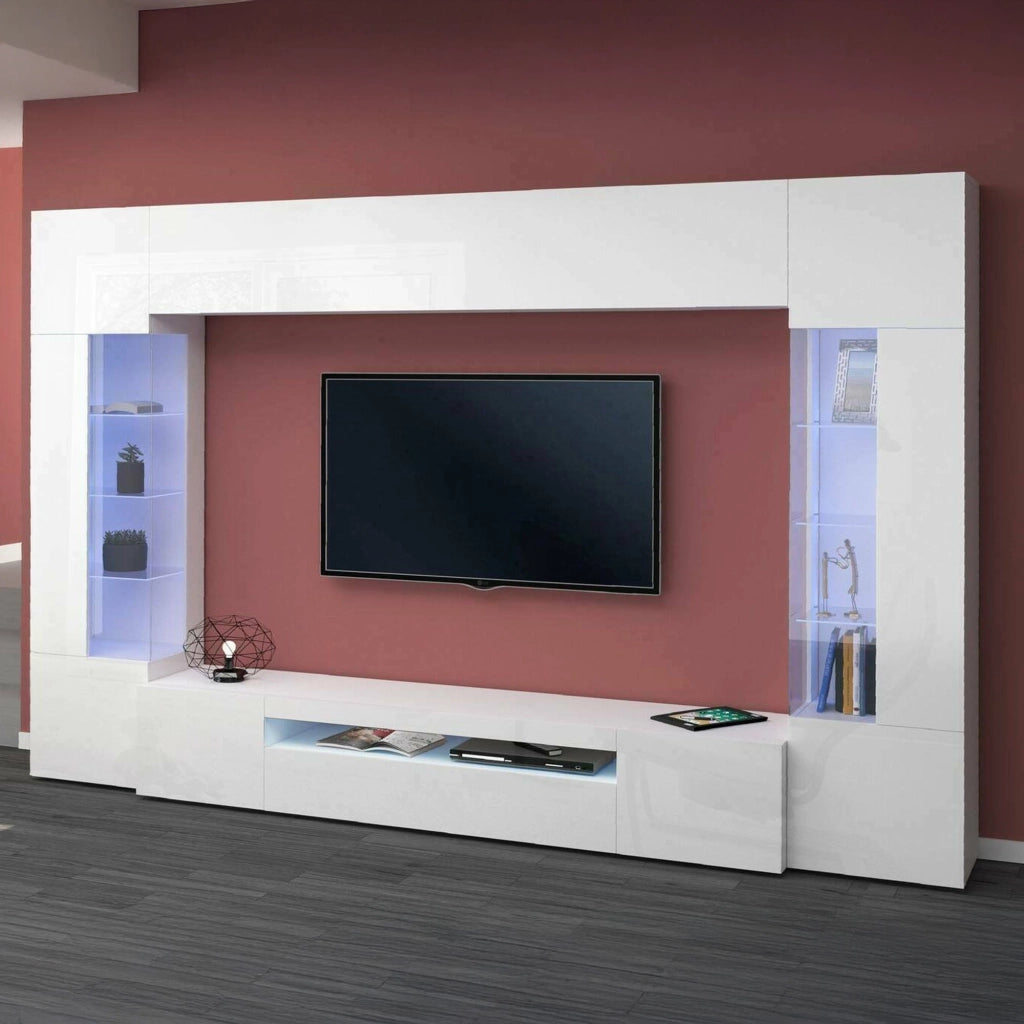 Parete attrezzata Arga, Set salotto porta TV a 6 ante, Mobile soggiorno multiuso con luce LED, 100% Made in Italy, cm 290x40h191, Bianco lucido