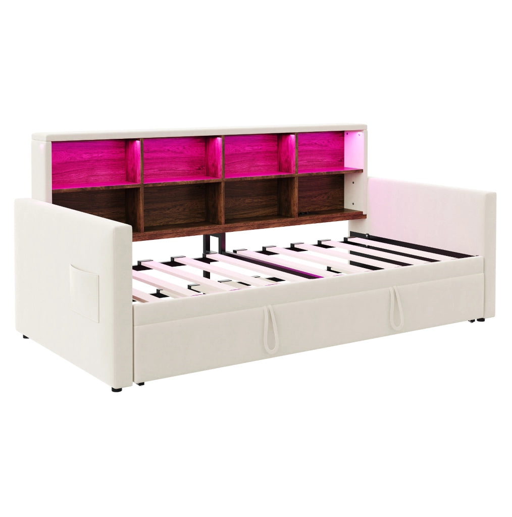 Divano letto 90x190 cm beige in velluto, testiera con vani e LED