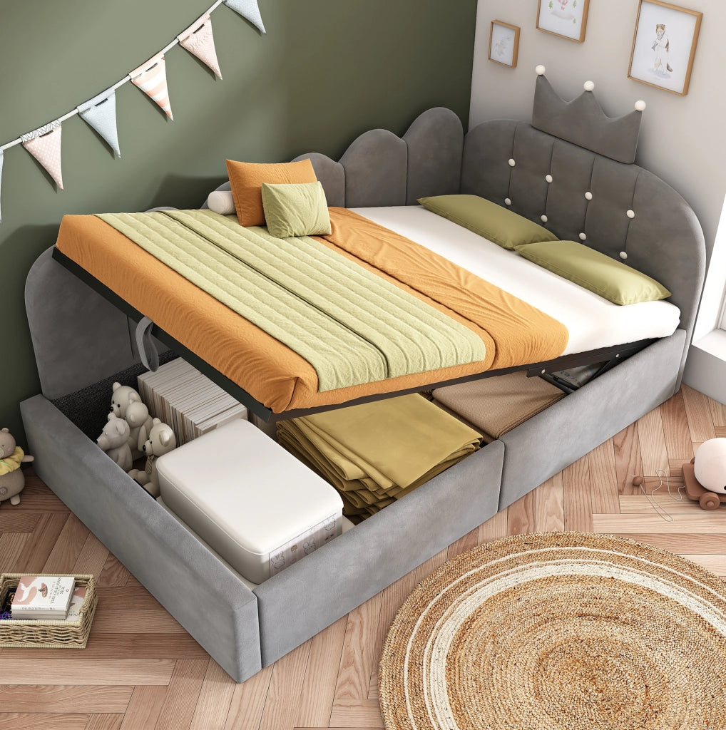 Letto daybed L-forma 90x190 cm in velluto grigio con contenitore e design a corona
