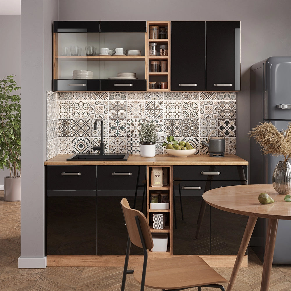 Vicco Cucina completa Rovere nero/oro lucido 160 cm , PL Rovere