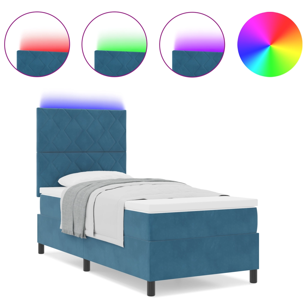 Letto a box spring con materasso e LED blu scuro 90x200 cm in velluto