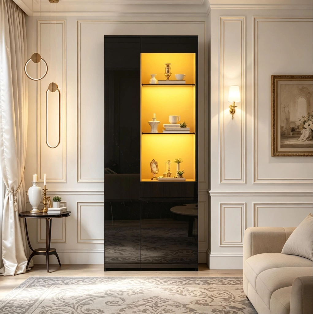 Vetrina nera compatta con LED, ante e cassetto
